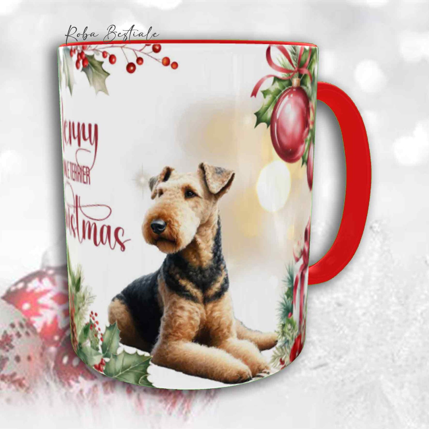 Tazza VINTAGE WINTER - AIREDALE TERRIER - In Ceramica, con dettagli ROSSI - 330 ml