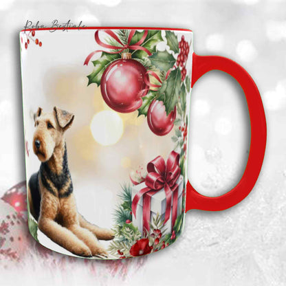 Tazza VINTAGE WINTER - AIREDALE TERRIER - In Ceramica, con dettagli ROSSI - 330 ml