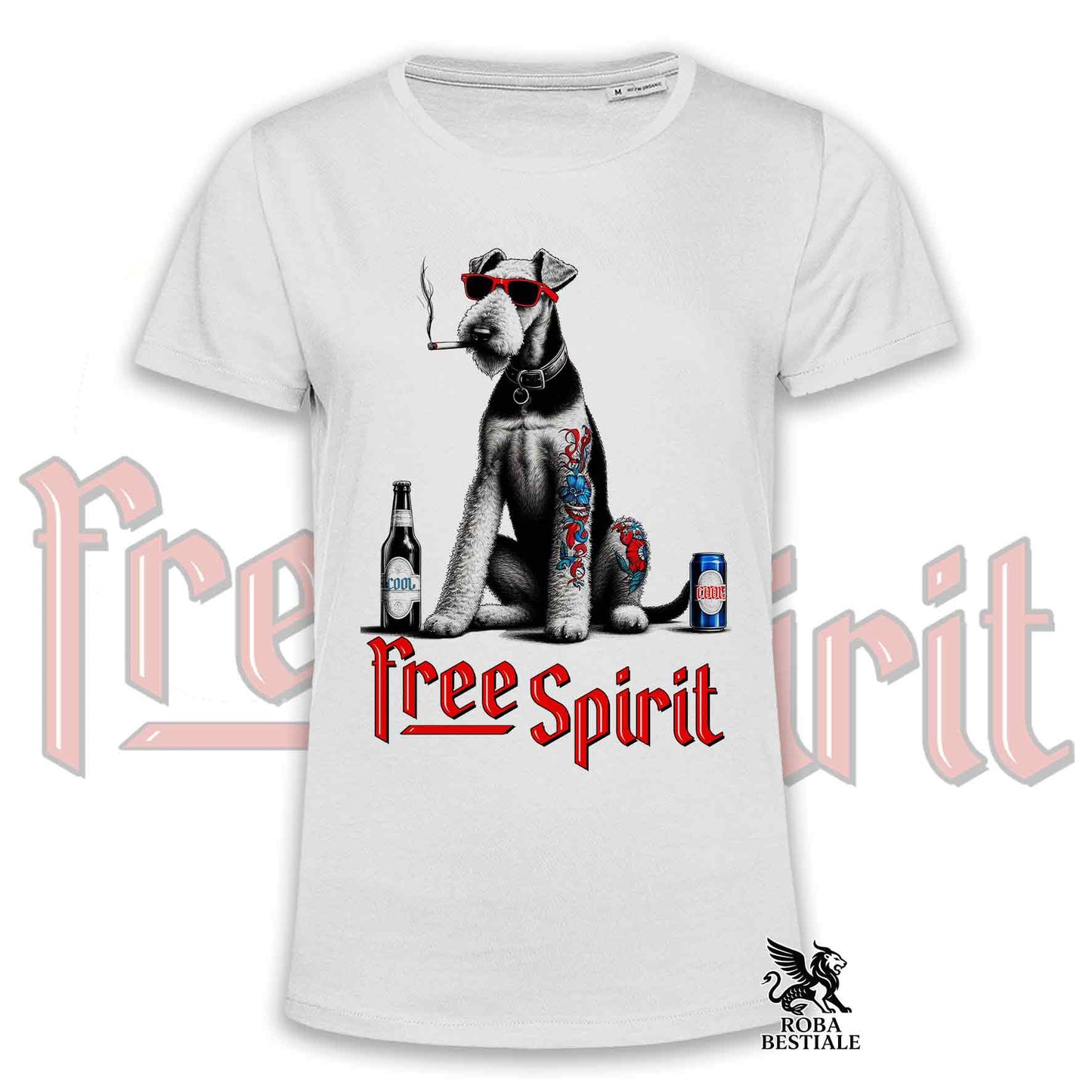 T-Shirt FREE SPIRIT - AIREDALE TERRIER - Bianca o Beige, da Uomo o da Donna - dalla XS alla 5XL