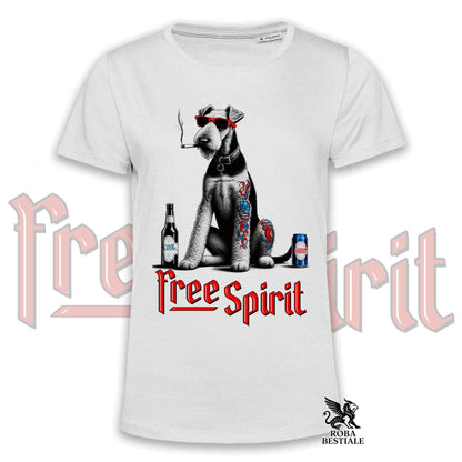 T-Shirt FREE SPIRIT - AIREDALE TERRIER - Bianca o Beige, da Uomo o da Donna - dalla XS alla 5XL