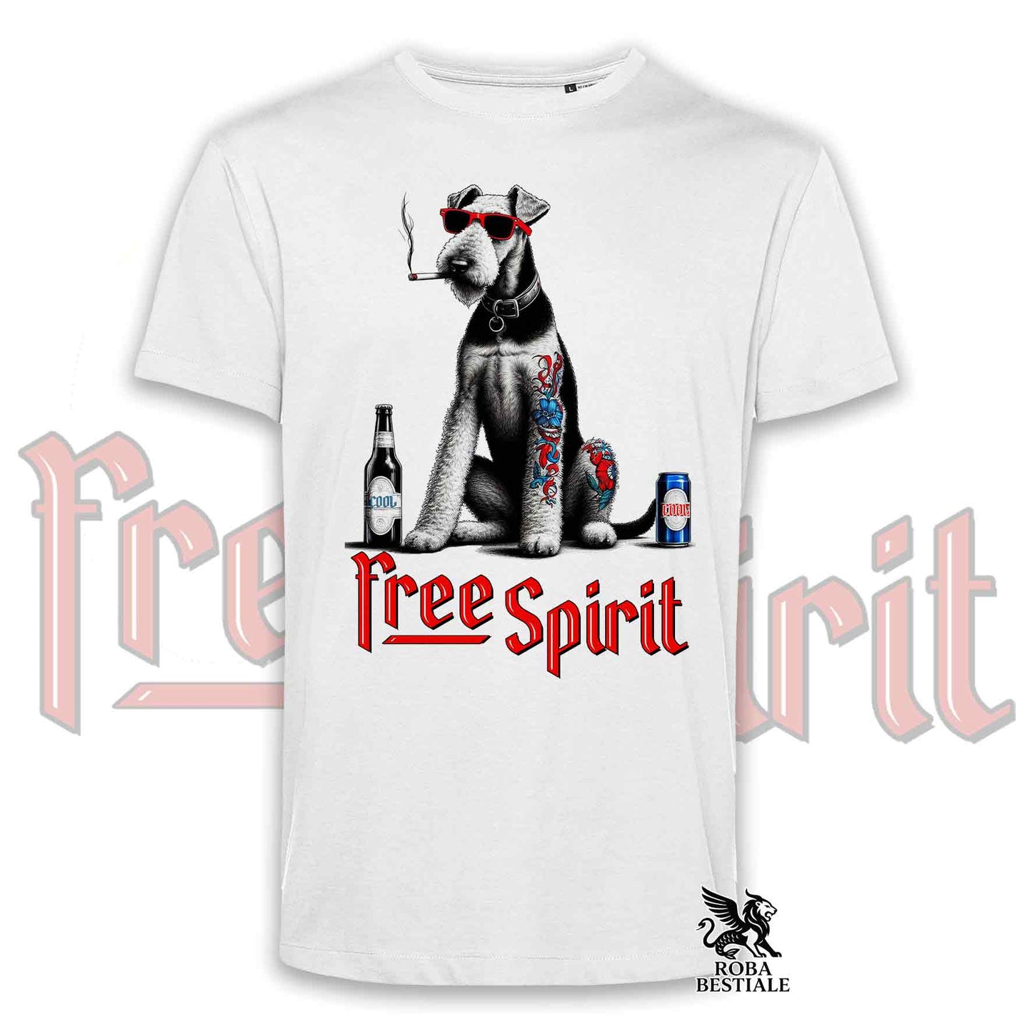 T-Shirt FREE SPIRIT - AIREDALE TERRIER - Bianca o Beige, da Uomo o da Donna - dalla XS alla 5XL