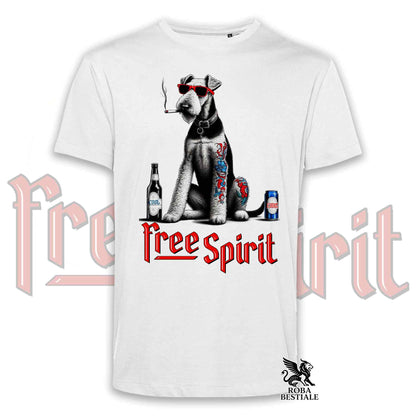 T-Shirt FREE SPIRIT - AIREDALE TERRIER - Bianca o Beige, da Uomo o da Donna - dalla XS alla 5XL