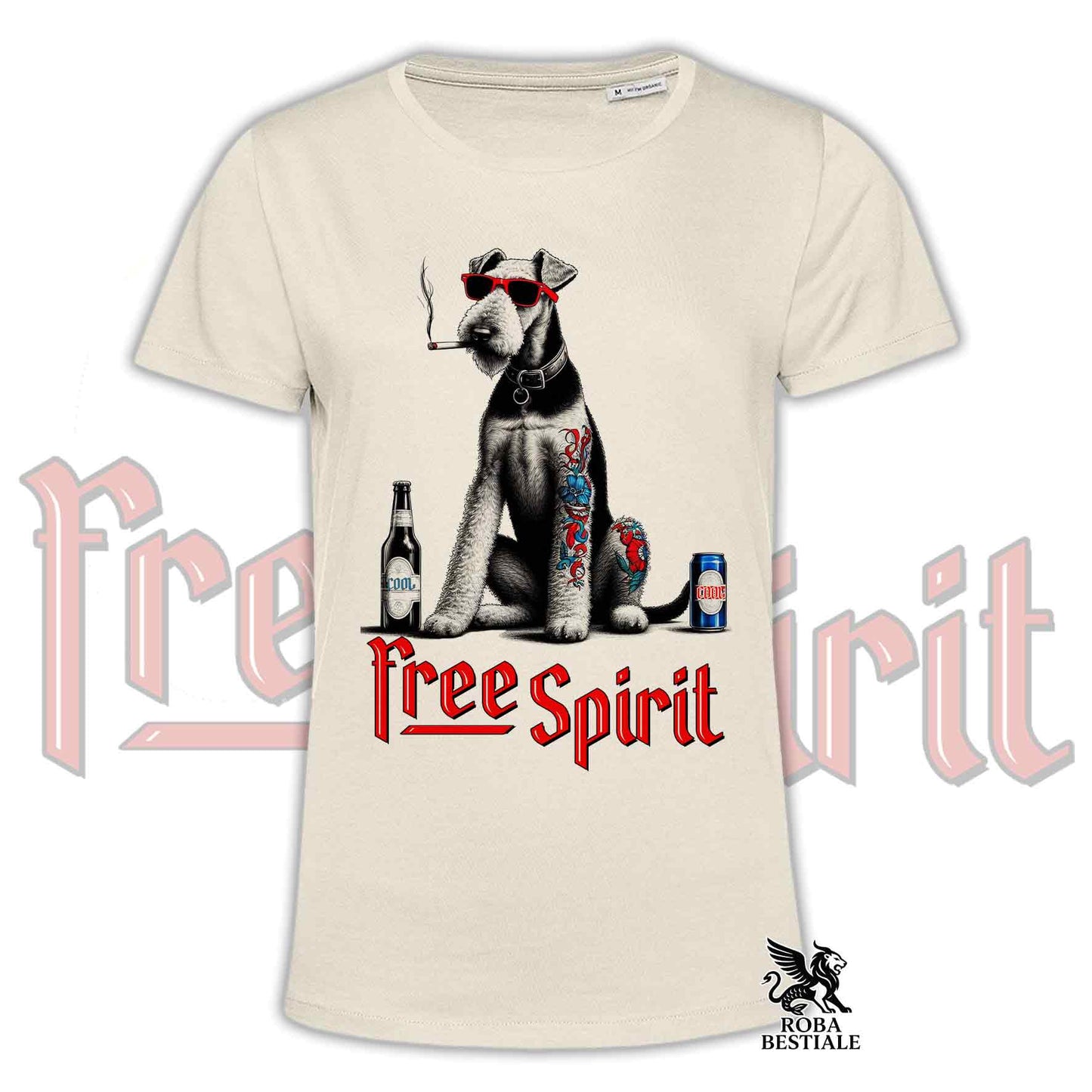 T-Shirt FREE SPIRIT - AIREDALE TERRIER - Bianca o Beige, da Uomo o da Donna - dalla XS alla 5XL