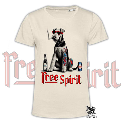 T-Shirt FREE SPIRIT - AIREDALE TERRIER - Bianca o Beige, da Uomo o da Donna - dalla XS alla 5XL