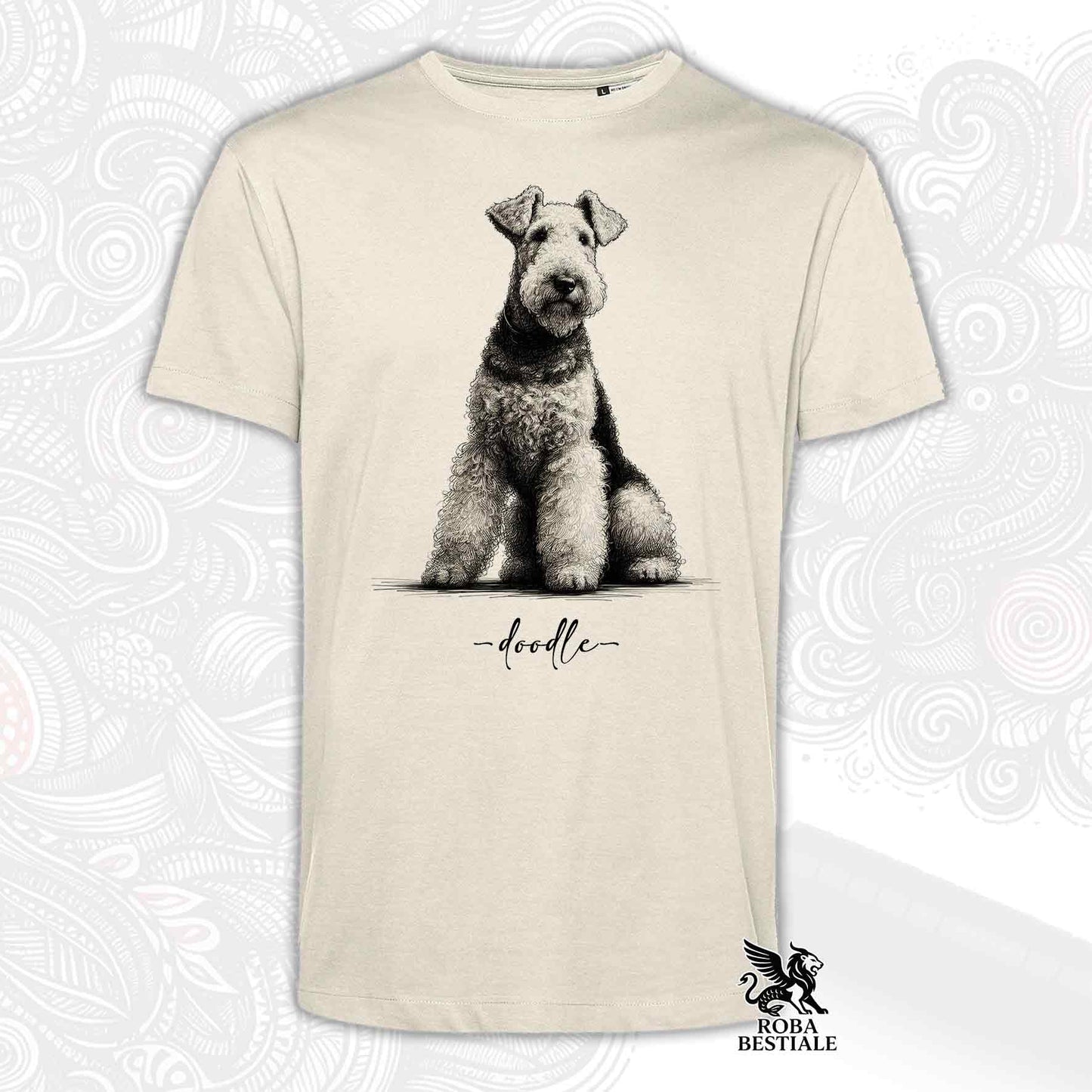 T-Shirt DOODLE - AIREDALE TERRIER - Bianca o Beige, da Uomo o da Donna - dalla XS alla 5XL