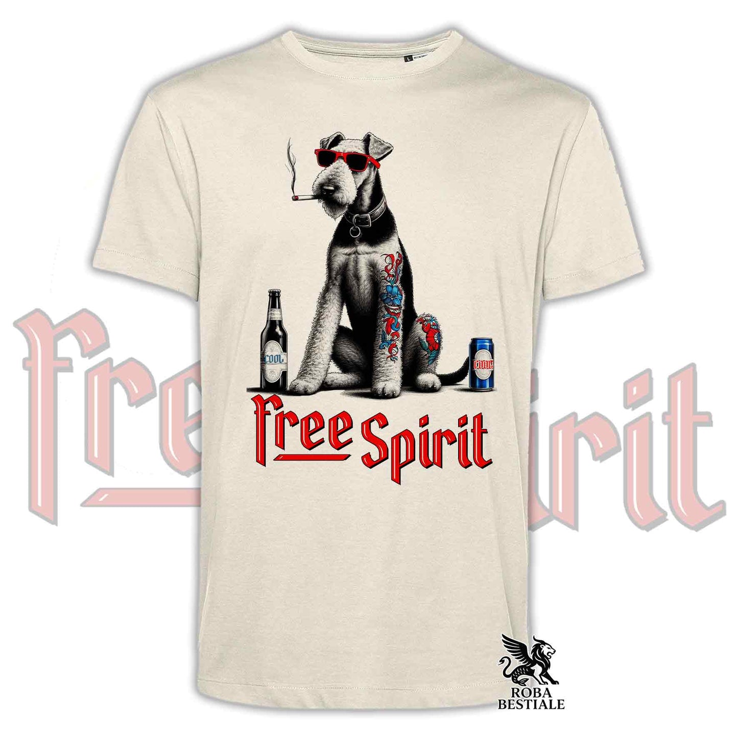 T-Shirt FREE SPIRIT - AIREDALE TERRIER - Bianca o Beige, da Uomo o da Donna - dalla XS alla 5XL