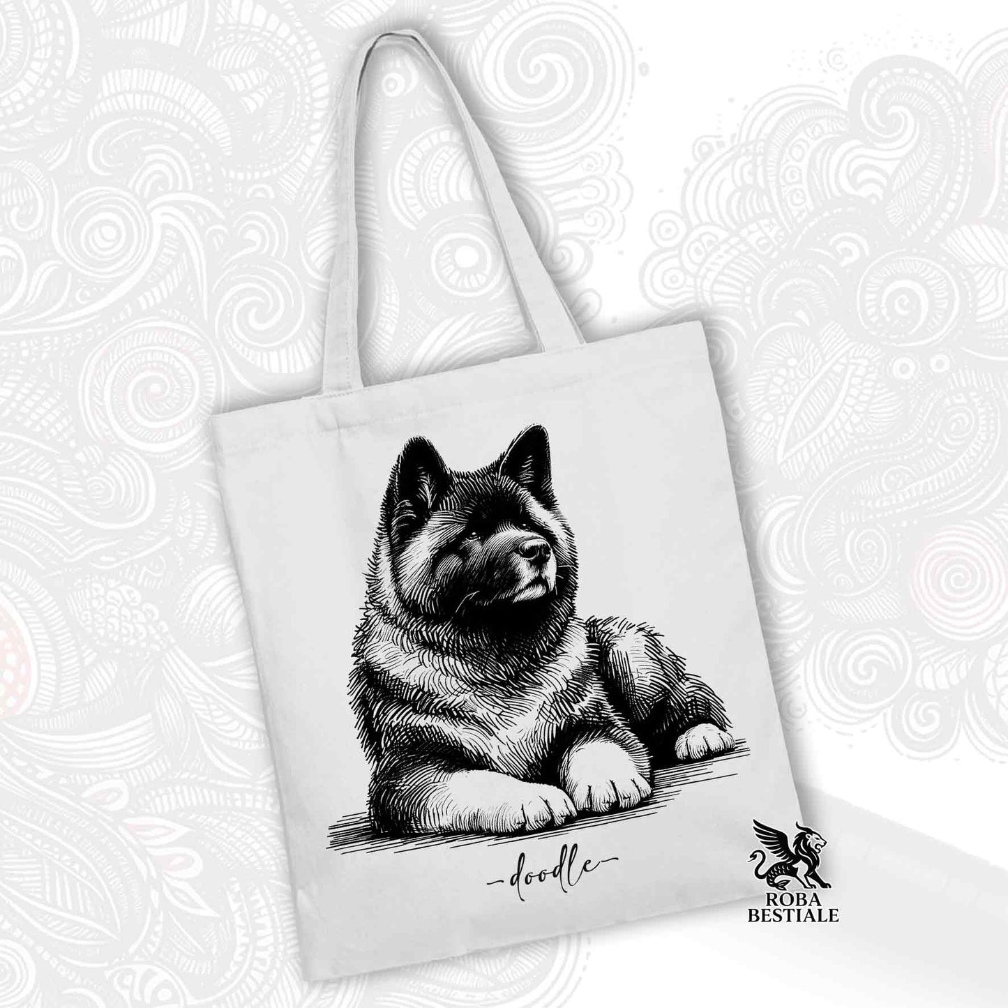 Tote Bag DOODLE Elegance - AMERICAN AKITA - 100% Cotton - White or Beige