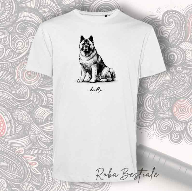 T-Shirt DOODLE - AKITA AMERICANO - 100% Cotone, Bianca, Uomo o Donna - dalla XS alla 5XL