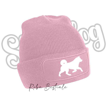 Cappellino invernale rosa a coste con toppa cane bianco