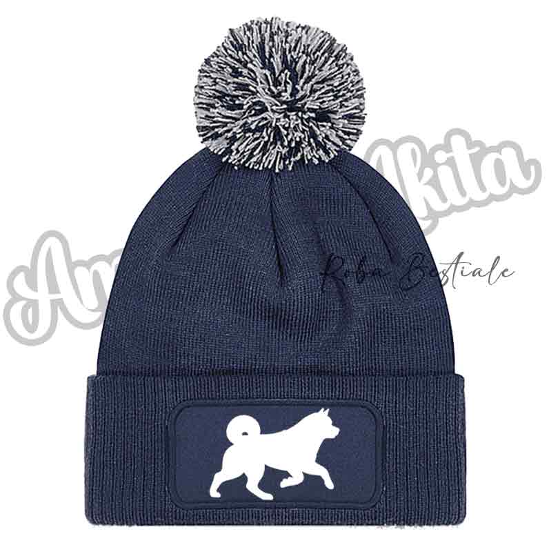Cappellino invernale blu navy con pon pon e toppa cane glitter bianco