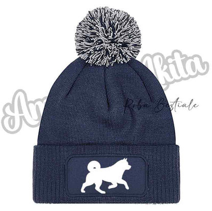 Cappellino invernale blu navy con pon pon e toppa cane glitter bianco