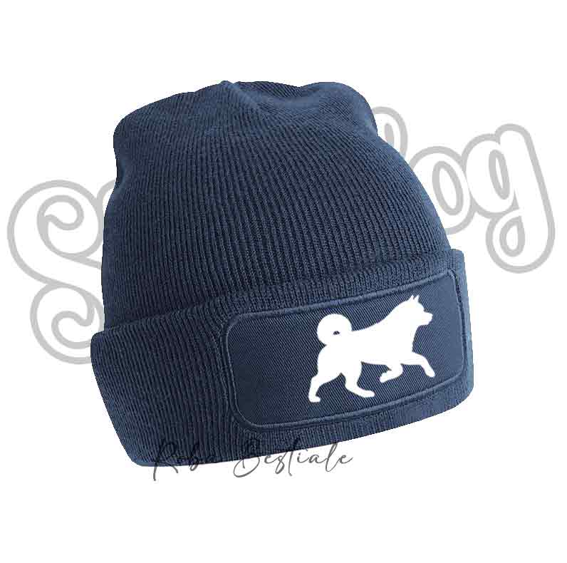 Cappellino invernale blu navy a coste con toppa cane bianco