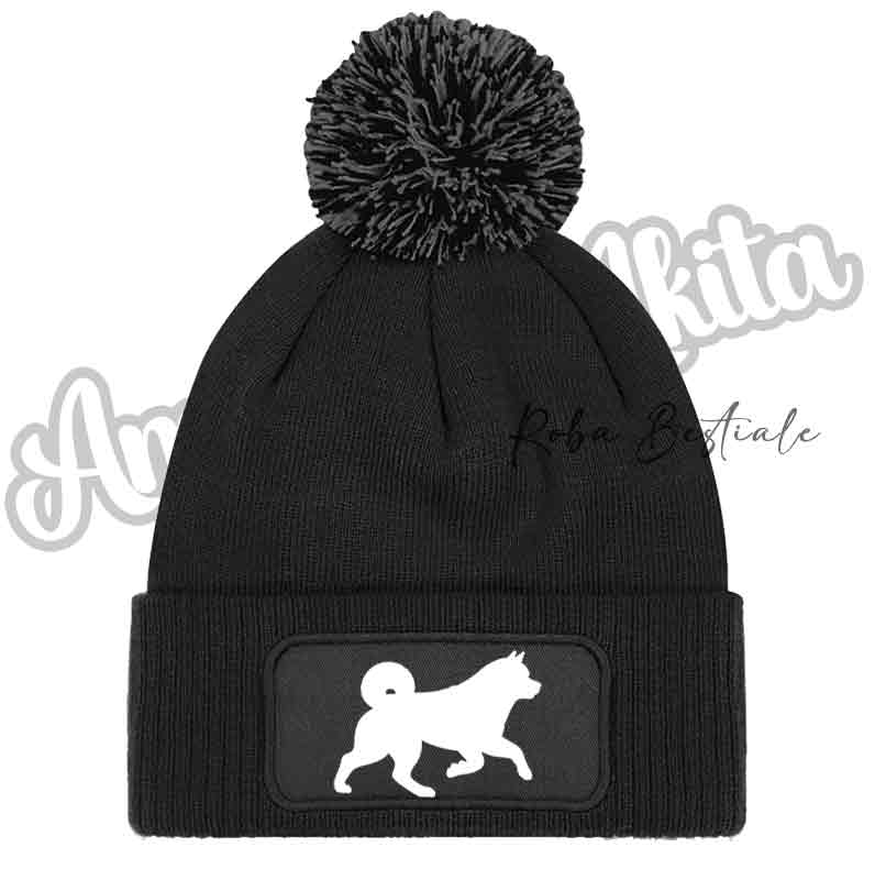 Beanie AKITA AMERICANO - Cappellino Invernale con Pon Pon - NERO, BLUE NAVY o GRIGIO - Silhouette in colore a scelta