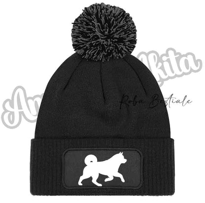 Cappellino invernale nero con pon pon e toppa cane glitter bianco