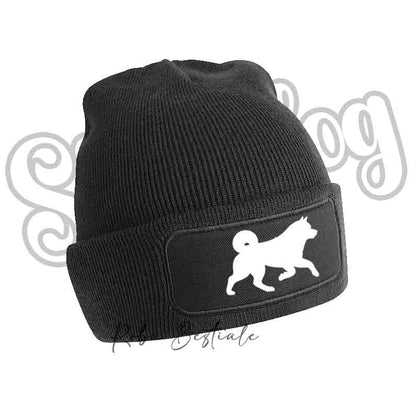 Cappellino invernale nero a coste con toppa cane bianco