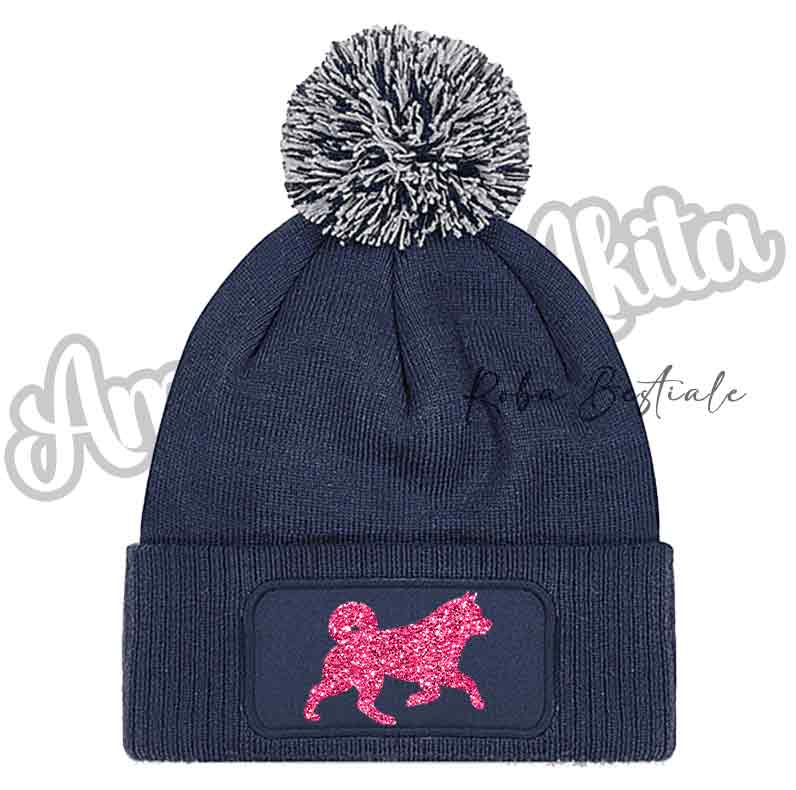 Cappellino invernale blu navy con pon pon e toppa cane glitter rosa