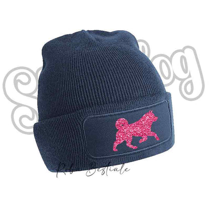 Cappellino invernale blu navy a costine con toppa cane fucsia glitter