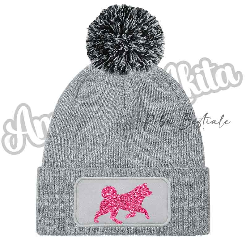 Cappellino invernale grigio chiaro con pon pon e toppa cane glitter rosa