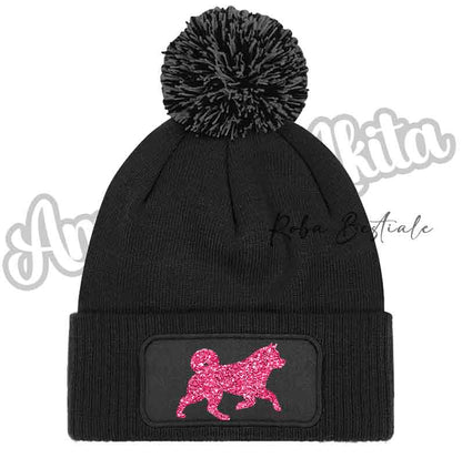 Cappellino invernale nero con pon pon e toppa cane glitter rosa