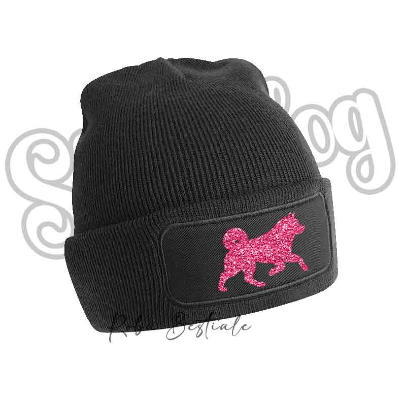 Cappellino invernale nero a costine con toppa cane fucsia glitter