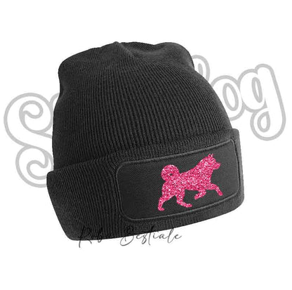 Cappellino invernale nero a costine con toppa cane fucsia glitter
