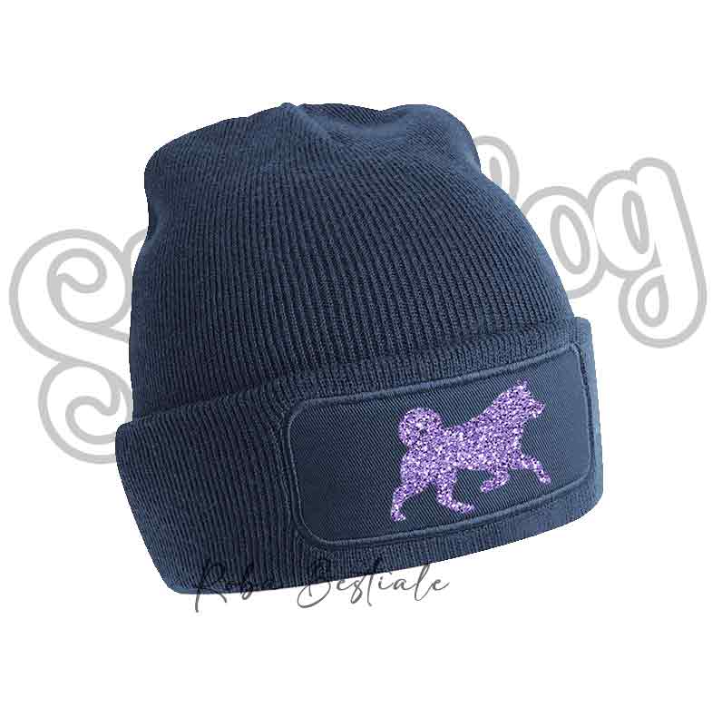 Cappellino invernale blu navy a costine con toppa cane viola glitter