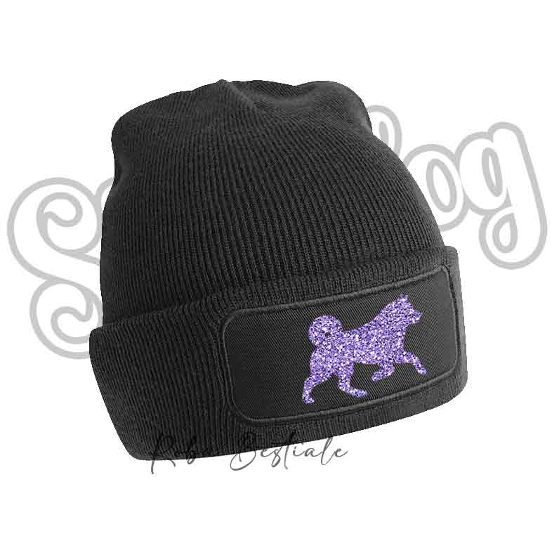 Cappellino invernale nero a coste con toppa cane viola glitter