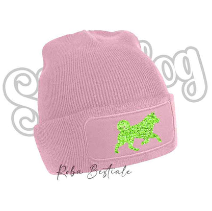 Cappellino invernale rosa a coste con toppa cane verde lime glitter