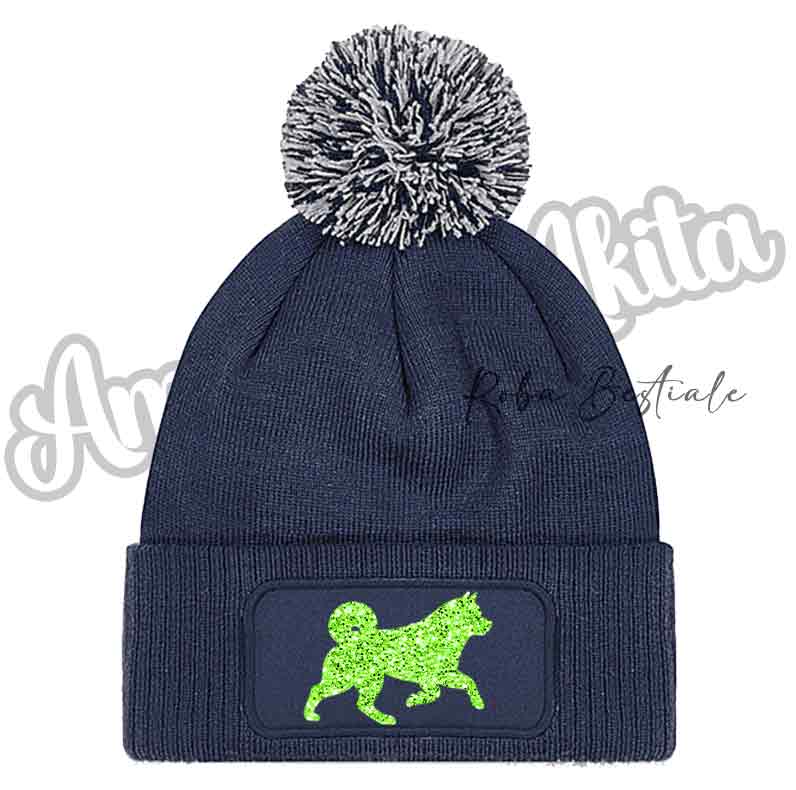 Cappellino invernale blu navy con pon pon e toppa cane glitter verde fluo