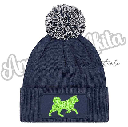 Cappellino invernale blu navy con pon pon e toppa cane glitter verde fluo