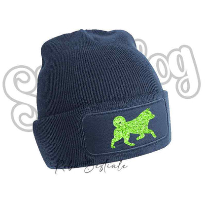 Cappellino invernale blu navy con toppa cane verde lime glitter