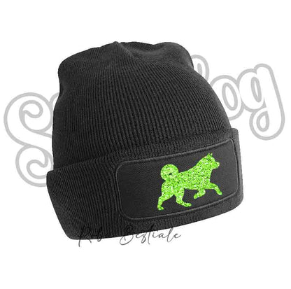 Cappellino invernale nero con toppa cane verde lime glitter