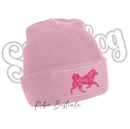 Cappellino invernale rosa con toppa cane fucsia glitter
