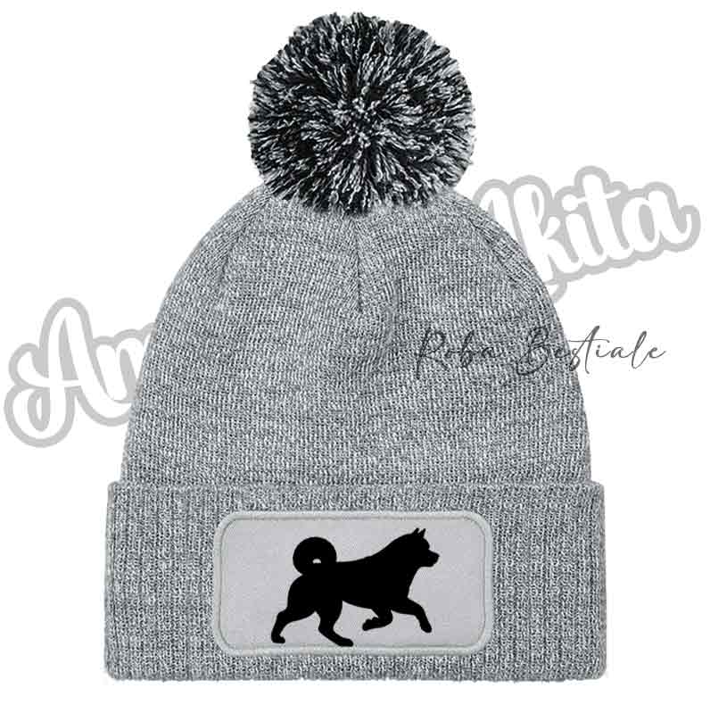 Cappellino invernale grigio con pon pon nero e toppa con cane nero