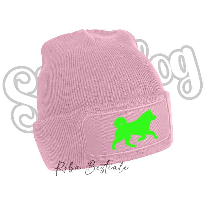 Cappellino invernale rosa con toppa cane verde lime glitter