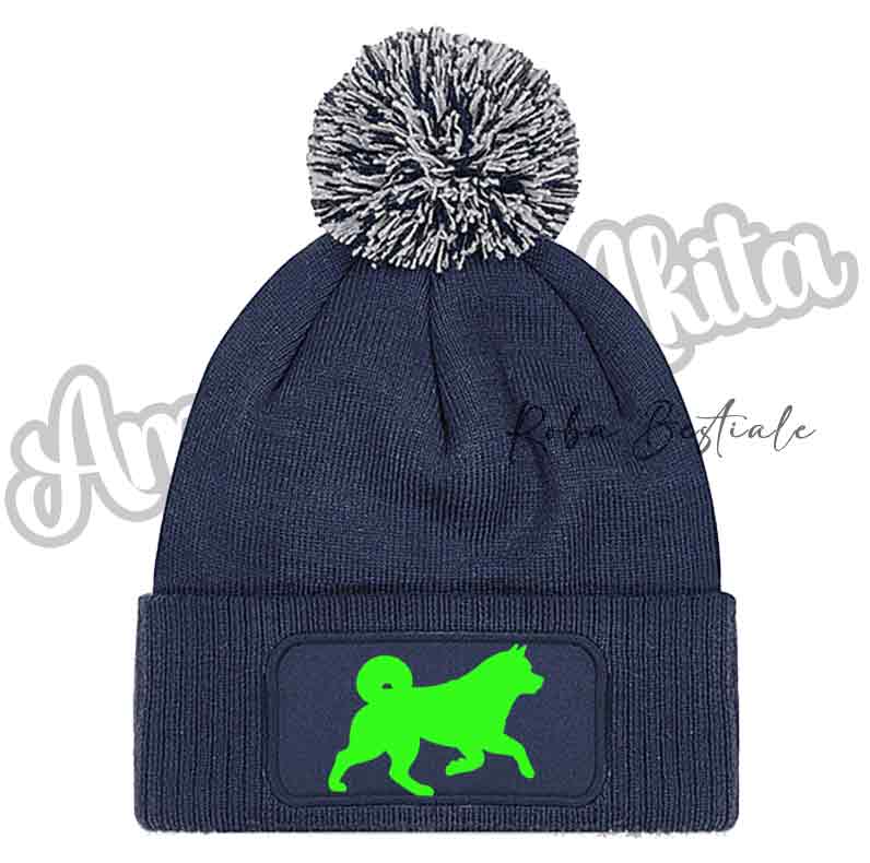 Cappellino invernale blu navy con pon pon e toppa cane glitter verde fluo