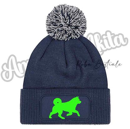 Cappellino invernale blu navy con pon pon e toppa cane glitter verde fluo