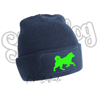 Cappellino invernale blu navy a costine con toppa cane verde lime glitter