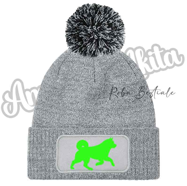 Cappellino invernale grigio chiaro con pon pon e toppa cane glitter verde fluo