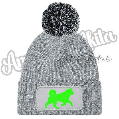 Cappellino invernale grigio chiaro con pon pon e toppa cane glitter verde fluo