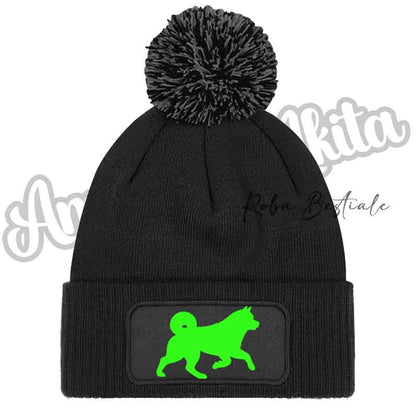 Cappellino invernale nero con pon pon e toppa cane glitter verde fluo