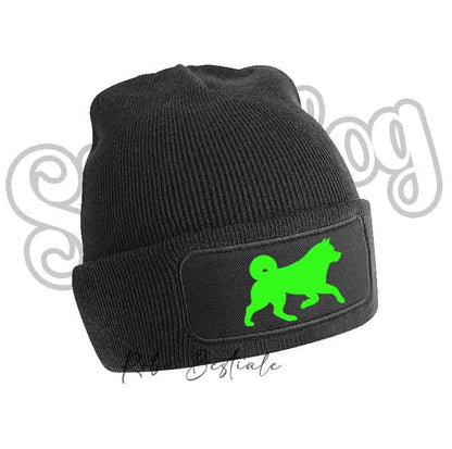 Cappellino invernale nero a costine con toppa cane verde lime glitter