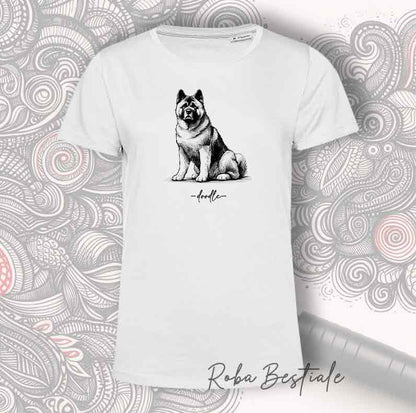 T-Shirt DOODLE - AKITA AMERICANO - 100% Cotone, Bianca, Uomo o Donna - dalla XS alla 5XL
