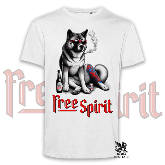 T-Shirt FREE SPIRIT - AKITA AMERICANO - Bianca o Beige, da Uomo o da Donna - dalla XS alla 5XL