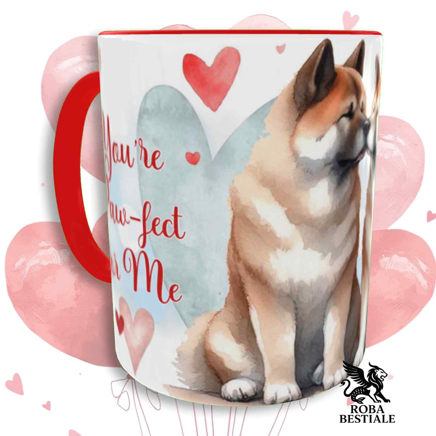 Tazza LOVE ME - AKITA AMERICANO Bianco Fulvo - In Ceramica, con dettagli Rossi - 330 ml