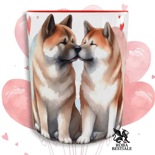 Tazza LOVE ME - AKITA AMERICANO Bianco Fulvo - In Ceramica, con dettagli Rossi - 330 ml
