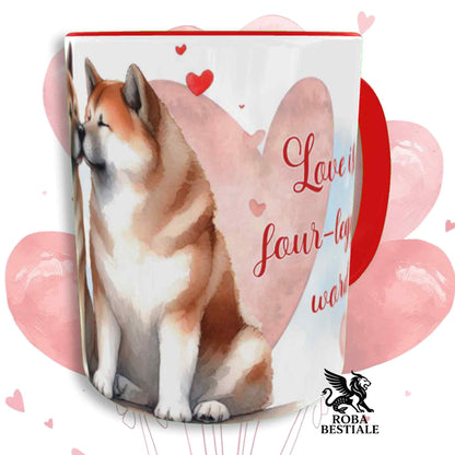 Tazza LOVE ME - AKITA AMERICANO Bianco Fulvo - In Ceramica, con dettagli Rossi - 330 ml