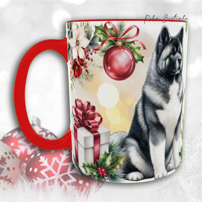 Tazza VINTAGE WINTER - AKITA AMERICANO Bianco e Grigio - In Ceramica, con dettagli ROSSI - 330 ml