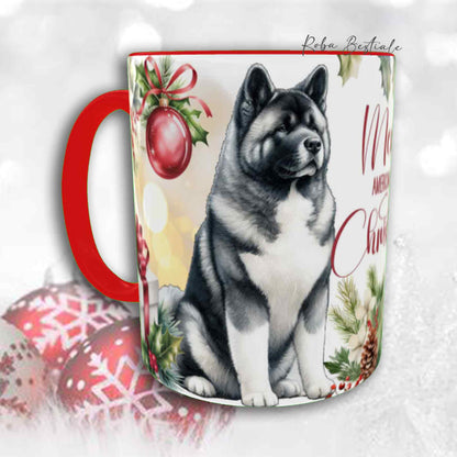 Tazza VINTAGE WINTER - AKITA AMERICANO Bianco e Grigio - In Ceramica, con dettagli ROSSI - 330 ml