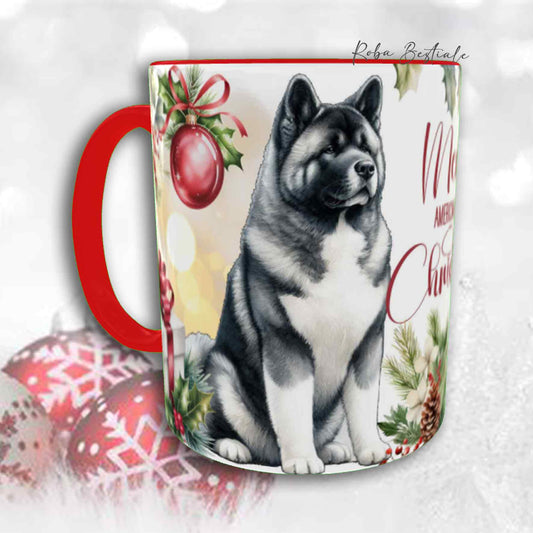 Tazza VINTAGE WINTER - AKITA AMERICANO Bianco e Grigio - In Ceramica, con dettagli ROSSI - 330 ml